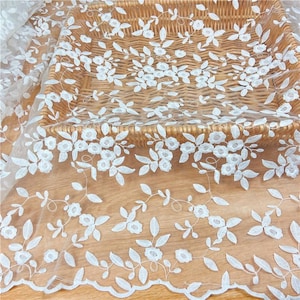 White Flower Lace Fabric Organza Fabric Embroidered Florals Lace Wedding Bridal Lace Fabric Dress Gauze Tulle L90w ( 1 yard)