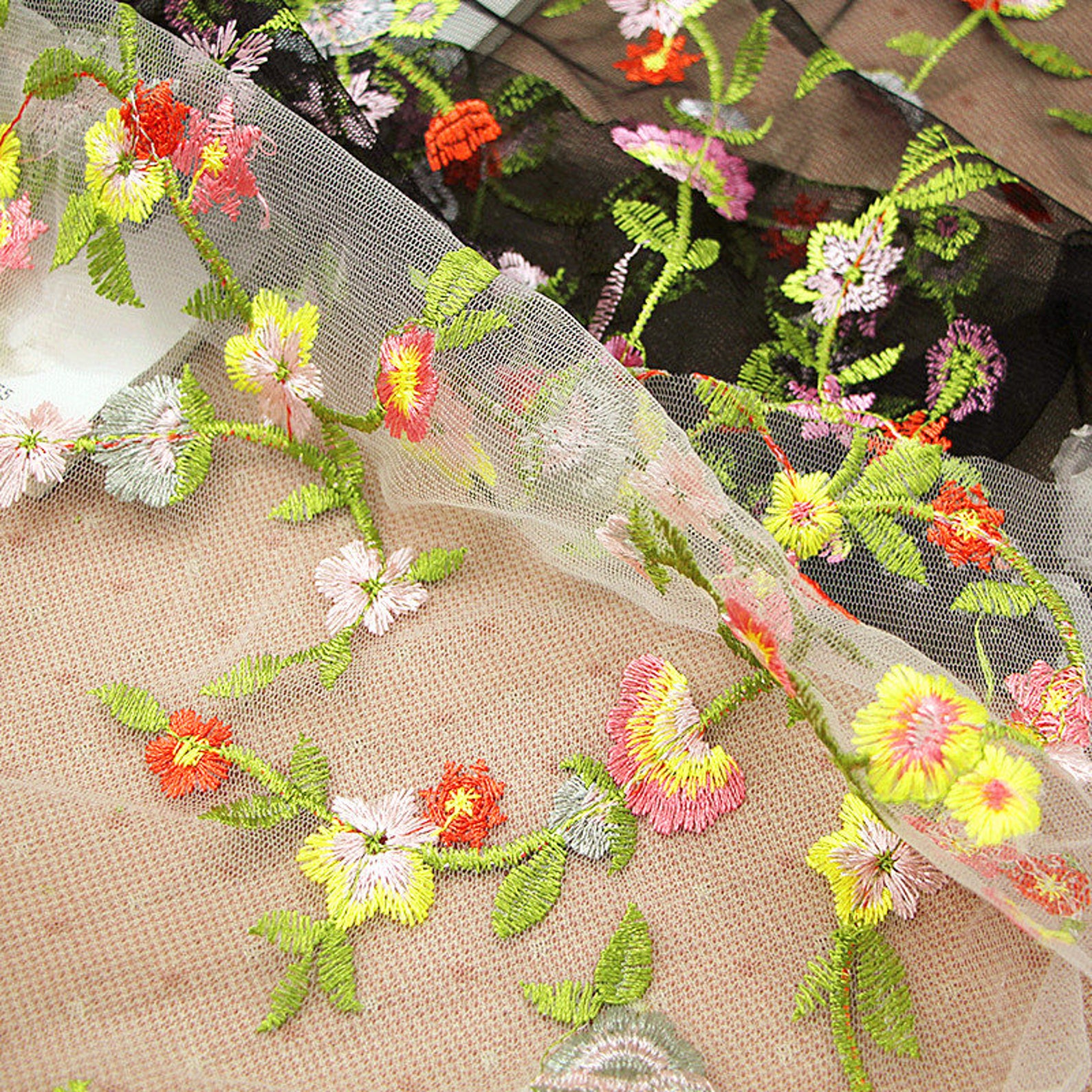 Colorful Flower Lace Fabric Embroidered Floral on White Black | Etsy