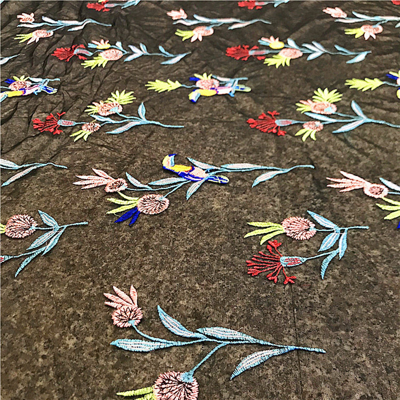 Parrot Floral Lace Fabric Birds Flowers Embroidered on White | Etsy