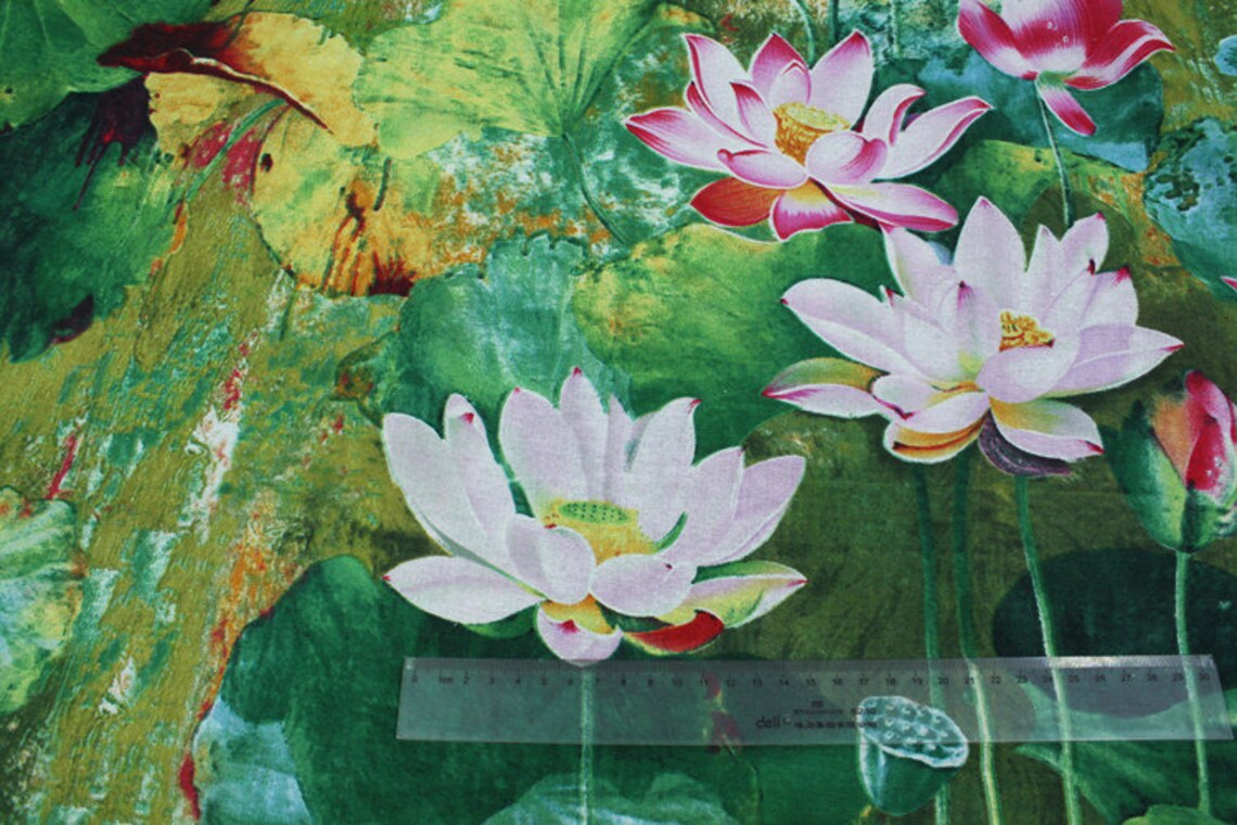 Water Lily Flower Cotton Linen Fabric Lily Floral Painting Etsy New