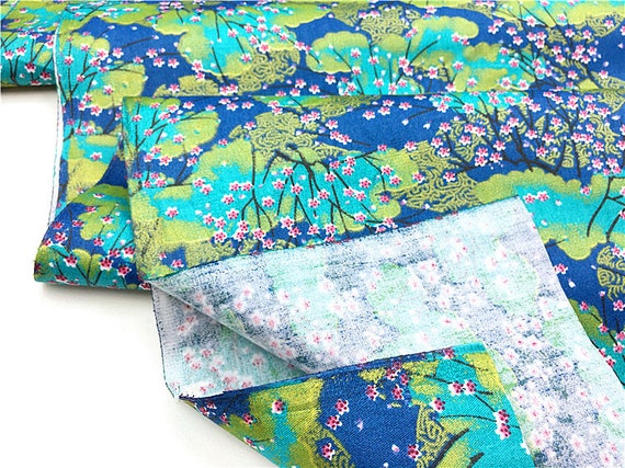 Floral Cotton Japanese Kimono Fabric Flower on Blue Fabric | Etsy