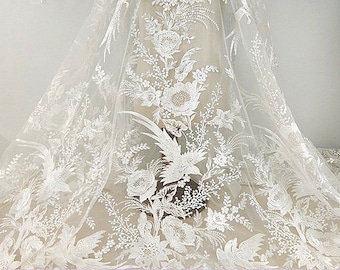 Large Flower Lace Fabric Off White Floral Bird Embroidered Lace Sequin Lace Wedding Bridal Lace Fabric Dress Gauze Tulle L269