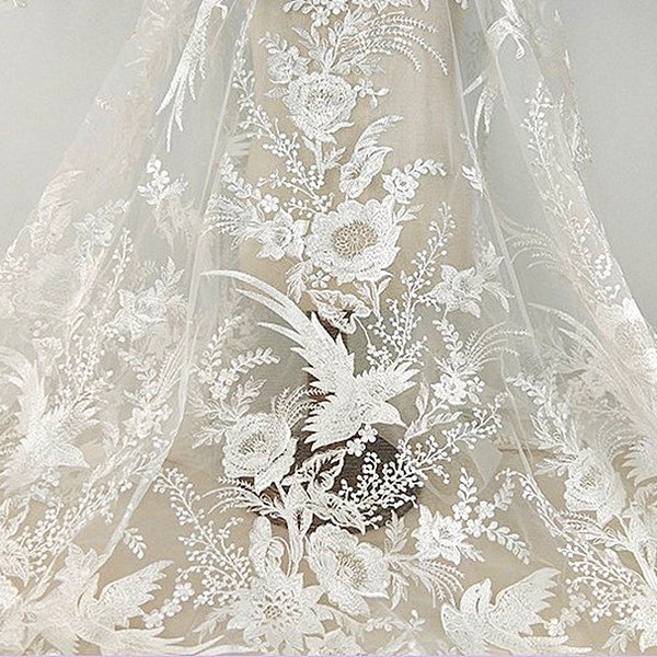 Tissu dentelle à grandes fleurs blanc cassé oiseau floral brodé dentelle dentelle à paillettes mariage mariée dentelle robe en tissu gaze tulle L269
