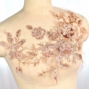 Champagne Applique Rhinestone Pearl Beaded Lace Applique Flower Lace Fabric For Wedding Bridal Lace Fabric Dress A15c (One Panel )