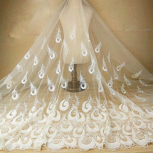 1 yard White Feather Lace Fabric Peacock Feathers Embroidered Lace Fabric Wedding Bridal Lace Fabric Dress Gauze Tulle L242