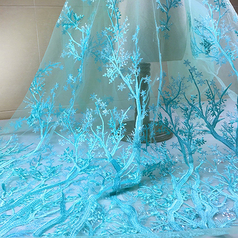 Snowflake Lace Fabric Blue Purple White Snow Trees Lace Flower Sequins Embroidered Lace Wedding Bridal Lace Fabric Dress Gauze Tulle L236a