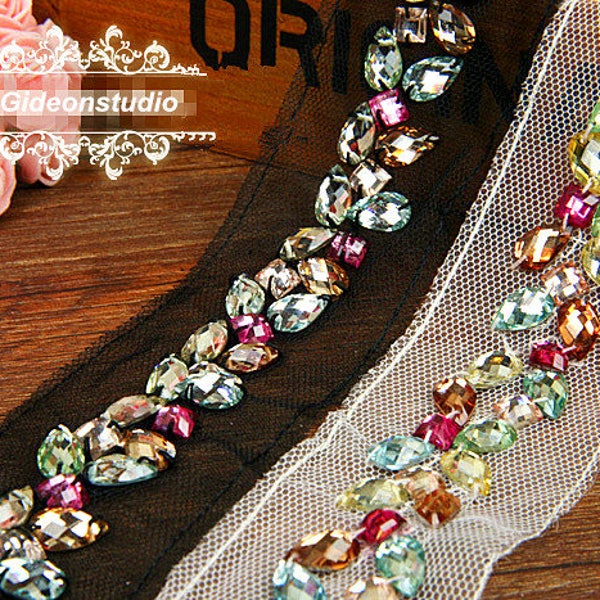 1 yard Beaded Trim Corlorful Rhinestone Bead Lace Trim Ribbon Wedding Applique For Bridal Scrapbooks Home Decor Sewing Crafts r195