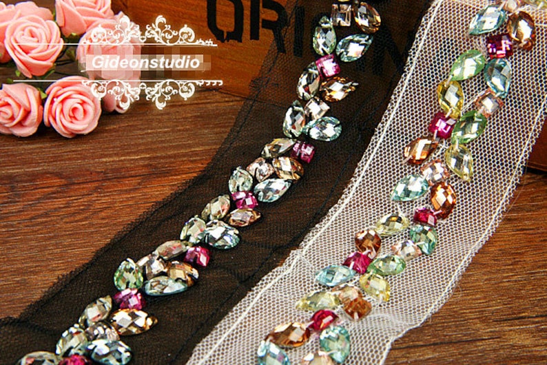 1 yard Beaded Trim Corlorful Rhinestone Bead Lace Trim Ribbon Etsy
