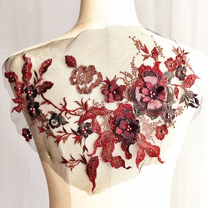 Beaded Applique Rhinestone Pearl Beaded Lace Floral Applique Flower Lace Fabric For Wedding Bridal Lace Fabric Dress A15 (One Panel )