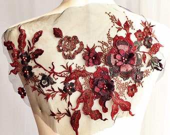 Beaded Applique Rhinestone Pearl Beaded Lace Floral Applique Flower Lace  Fabric For Wedding Bridal Lace Fabric Dress A15 (One Panel - Main Image