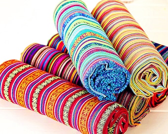 Colorful BOHO Style Cotton Linen Striped Fabric for Bag Chair Curtain Quiltting Upholstery Home Decor 1/2 yard f168b