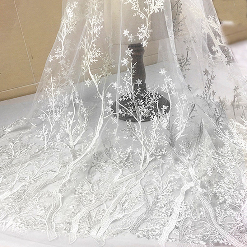 Snowflake Lace Fabric Blue Purple White Snow Trees Lace Flower Sequins Embroidered Lace Wedding Bridal Lace Fabric Dress Gauze Tulle L236a