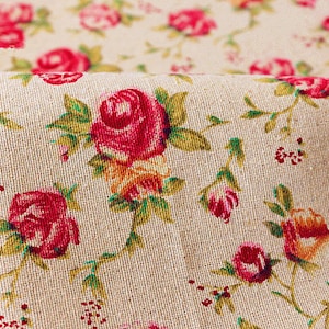 Tissu à fleurs roses, lin et coton, tissu à fleurs roses, pour sac en tissu, couette, décoration d'intérieur - 1/2 yard f26