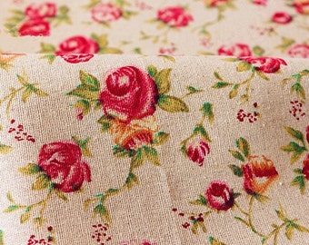 Rose Flower Fabric Linen Cotton Fabric Pink Rose Floral Fabric For Cloth Bag Quilt Home Decor - 1/2 yard f26