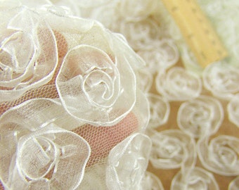 Flower Lace Fabric White Lace Fabric 3D Flower Chiffon Flower Lace Wedding Bridal Dress Gauze Tulle L14 ( 1/2 yard)