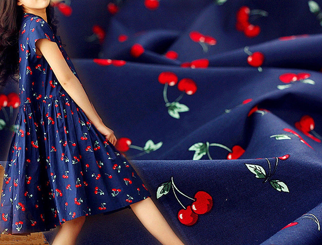 Cherry Cotton Fabric Shabby Chic Red Cherries on Navy Blue White Pure Cotton Fabric for Dress Cloth Shirt Bag Home Decor 1 2 Yard F390 Etsy