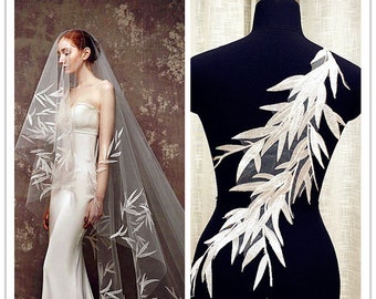 White Flower Lace Applique Off White Bamboo leaves Fabric Applique Embroidered Lace Bridal Veil Lace Fabric Dress Gauze Tulle A31