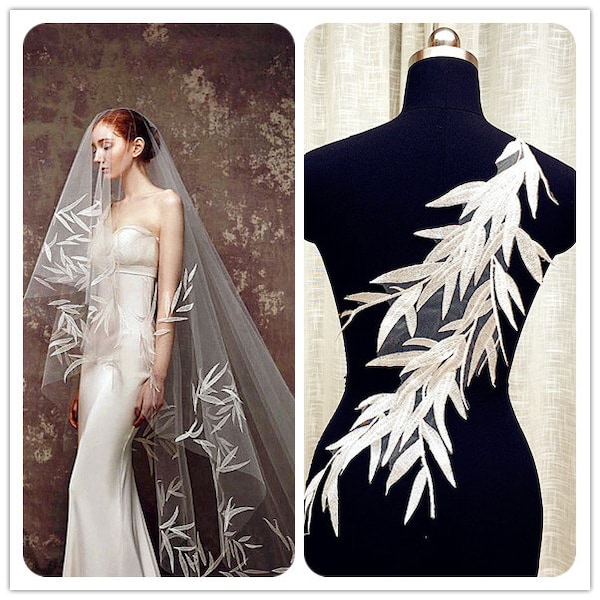 White Flower Lace Applique Off White Bamboo leaves Fabric Applique Embroidered Lace Bridal Veil Lace Fabric Dress Gauze Tulle A31