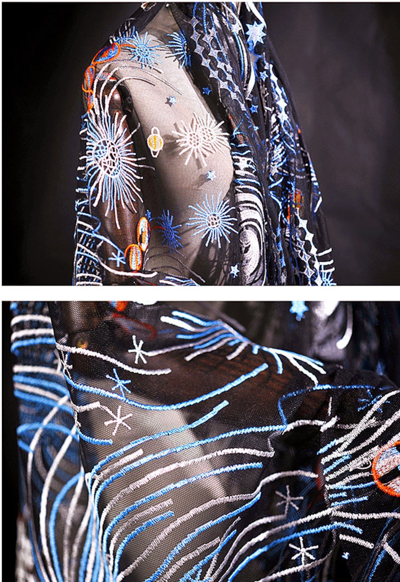 Stars Lace Fabric Star Moon Embroidered on White Black Lace Etsy