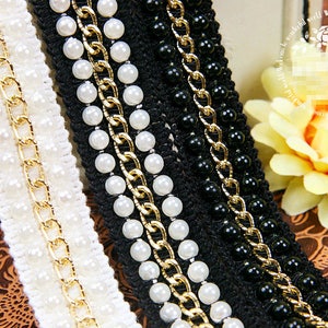 1 yard Pearl Beaded Trim Metal Chain Trim Gold Tone Chain Lace Trim Ribbon Wedding Belt For Bridal Home Decor Sewing Crafts r196