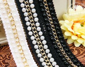 1 yard Pearl Beaded Trim Metal Chain Trim Gold Tone Chain Lace Trim Ribbon Wedding Belt For Bridal Home Decor Sewing Crafts r196