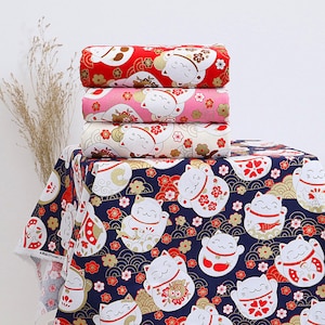 Lucky Cat Japanese Kimono Fabric Cat Cotton Fabric In Red Navy Blue White Fabric for Cloth Curtain Quiltting Home Decor 1/2 yard f402
