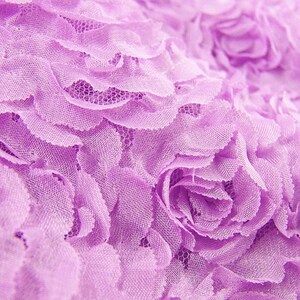 May include: Close-up of a lavender fabric with a floral pattern. The fabric has a layered texture, with ruffled edges and a delicate, net-like material visible between the layers. The overall effect is soft and romantic.