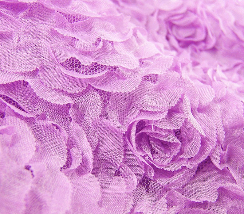 May include: Close-up of a lavender fabric with a floral pattern. The fabric has a layered texture, with ruffled edges and a delicate, net-like material visible between the layers. The overall effect is soft and romantic.