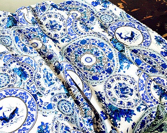 Chinese Style Blue and White Porcelain Flower Fabric Cotton Linen Fabric for Cloth Curtain Quiltting Table Runner Upholstery 1/2 yard f126