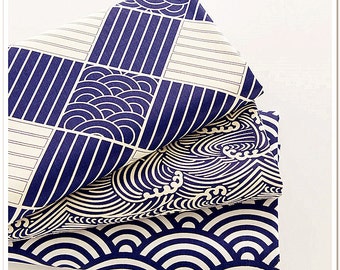 Navy Blue Japanese Kimono Fabric, Kids Cotton Fabric With Wave Plaid Tribe Emblem for Cloth Quilt Home Decor 1/2 yard f242
