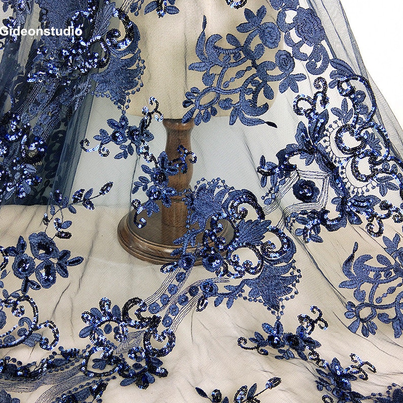 Navy Blue Flower Lace Black Lace Fabric Sequins Floral Embroidered Lace ...