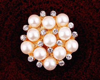 6pcs Crystal Brooch Pearl Button 22mm Rhinestone Buttons Bouquet Embellishment Napkin Ring Hair Clip Invitation Supply R11