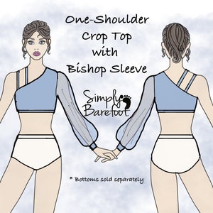 May include: Fashion flat sketch of a one-shoulder crop top with bishop sleeve. The top is light blue with sheer bishop sleeves.  The bottoms are solid white. Text on the image says: 'One-Shoulder Crop Top with Bishop Sleeve', and 'Simply Barefoot'.  The words 'Bottoms sold separately' are also included.