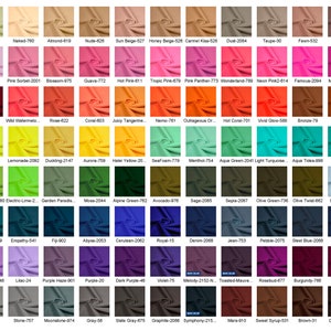 May include: A color chart with 100 different fabric swatches. The swatches are arranged in rows and columns, and each swatch is labeled with a color name and a number. The colors range from white to black, and include shades of red, orange, yellow, green, blue, purple, pink, and brown.
