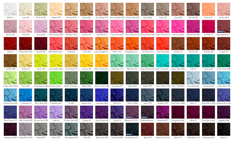 May include: A color chart with 100 different fabric swatches. The swatches are arranged in rows and columns, and each swatch is labeled with a color name and a number. The colors range from white to black, and include shades of red, orange, yellow, green, blue, purple, pink, and brown.