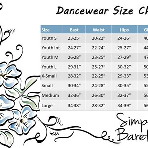 May include: Dancewear size chart with measurements in inches for bust, waist, hips, and girth. The chart includes sizes for youth, small, medium, and large.