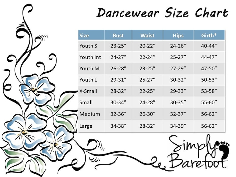 May include: Dancewear size chart with measurements in inches for bust, waist, hips, and girth. The chart includes sizes for youth, small, medium, and large.