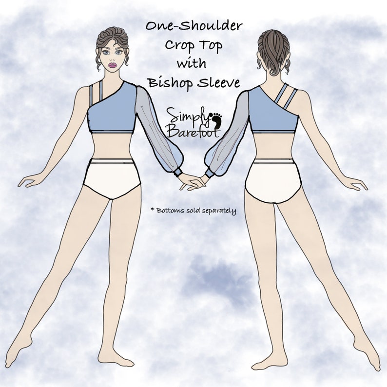 May include: Fashion flat sketch of a one-shoulder crop top with bishop sleeve. The top is light blue with sheer bishop sleeves.  The bottoms are solid white. Text on the image says: 'One-Shoulder Crop Top with Bishop Sleeve', and 'Simply Barefoot'.  The words 'Bottoms sold separately' are also included.