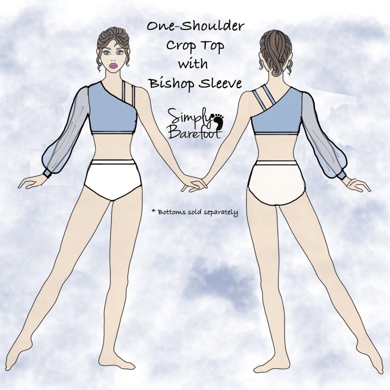 May include: A blue one-shoulder crop top with a bishop sleeve. The top is made of a sheer fabric and has a white trim. The text "Simply Barefoot" is printed on the front of the top.
