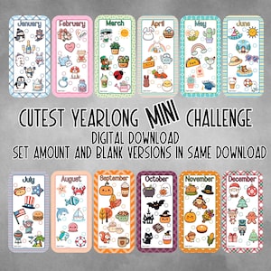 May include: A set of 12 printable monthly challenge cards featuring cute illustrations. Each card has a different theme for each month of the year. The cards are designed for a "cutest yearlong mini challenge".