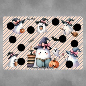 May include: A pink and white striped background with a variety of cute ghost illustrations. The ghosts are wearing witch hats and holding various items like a pumpkin, a broom, a book, and a coffee cup. The text "Save $50" and "Mischief Managed Budgets" are also included in the image.
