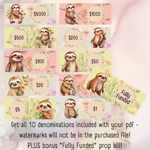 Sloth Prop Money - Ripieno di contanti - Segnaposto di denaro - 10 denominazioni - Download digitale