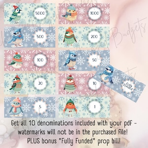 Winter Birds Prop Money - Cash Stuffing - Money Placeholders - 10 Denominations - Digital Download