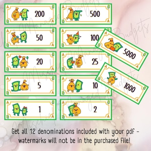Cute Money Prop Money - Cash Stuffing - Money Placeholders - 12 Denominations - Digital Download