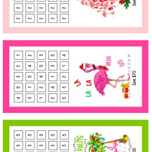 May include: Three digital printable designs featuring pink flamingos with Christmas lights and decorations. The first design features a flamingo Christmas tree, the second design features a flamingo with a Santa hat and the third design features flamingos in palm trees.