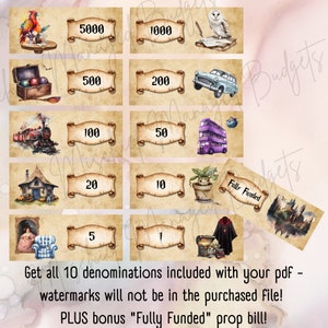 May include: Ten printable cards with different amounts of money from 1 to 5000. The cards are designed with a vintage parchment look and feature various Harry Potter themed illustrations. The cards include a bonus "Fully Funded" card.