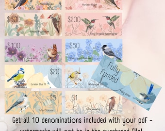 Beauty of Birds Prop Money - Cash Stuffing - Money Placeholders - 10 Denominations - Digital Download