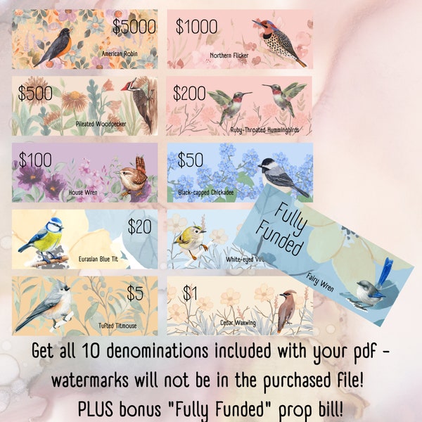 Beauty of Birds Prop Money - Cash Stuffing - Money Placeholders - 10 Denominations - Digital Download