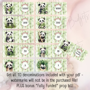 Panda Prop Money - Cash Stuffing - Money Placeholders - 10 Denominations - Digital Download