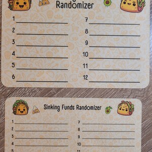May include: Two yellow and brown cards with a cartoon taco design. The cards are labeled "Sinking Funds Randomizer" and have numbered lines from 1 to 12.